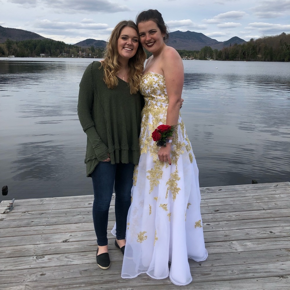 Strapless gold and white prom dress